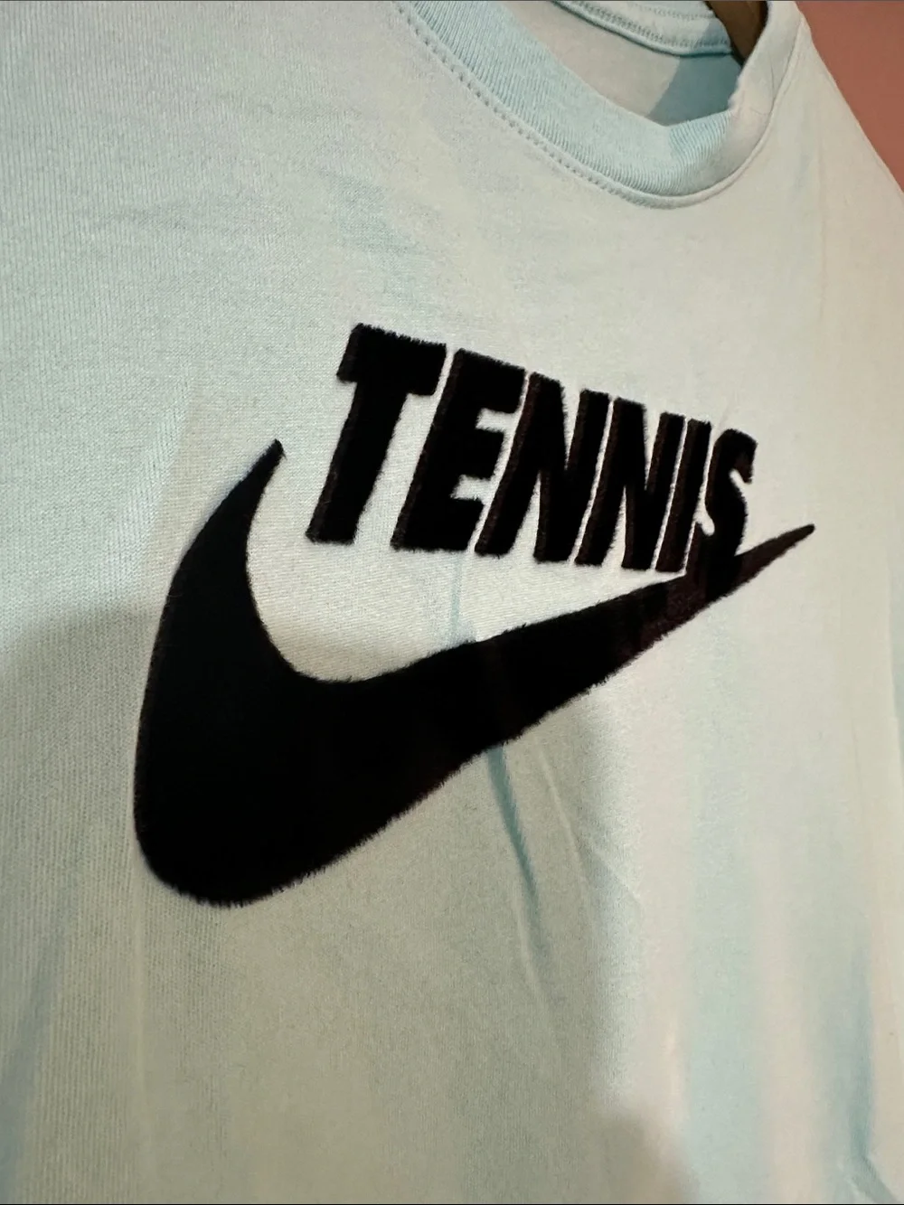 Nike Dri-Fit Tennis Tee Women’s Large Aqua Black Fuzzy Swoosh Shirt